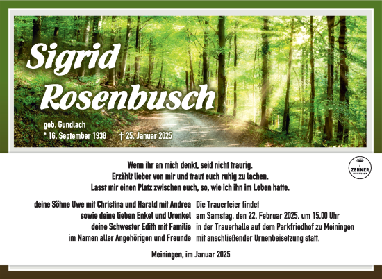 Traueranzeige von Sigrid Rosenbusch von Südthüringer Presse