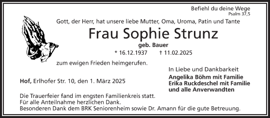 Traueranzeige von Sophie Strunz von Frankenpost