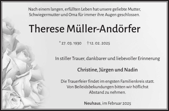 Traueranzeige von Therese Müller-Andörfer von Südthüringer Presse