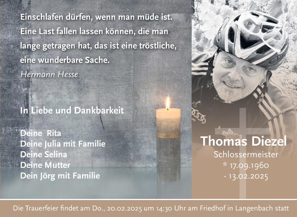  Traueranzeige für Thomas Diezel vom 18.02.2025 aus Frankenpost