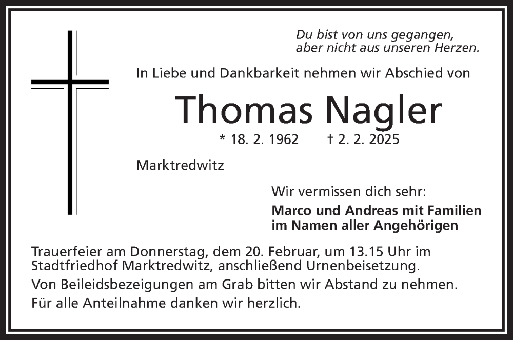  Traueranzeige für Thomas Nagler vom 15.02.2025 aus Frankenpost