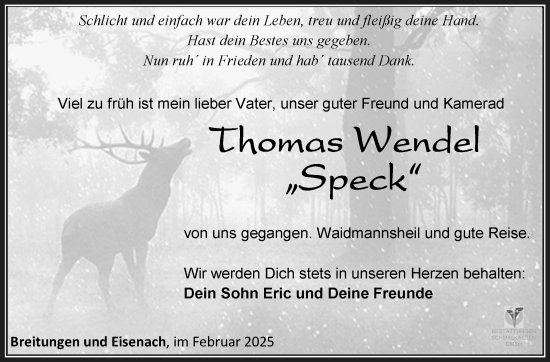 Traueranzeige von Thomas Wendel von Südthüringer Presse