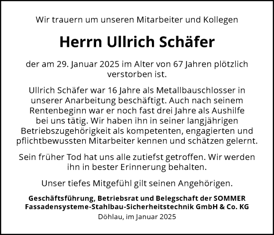 Traueranzeige von Ullrich Schäfer von Frankenpost