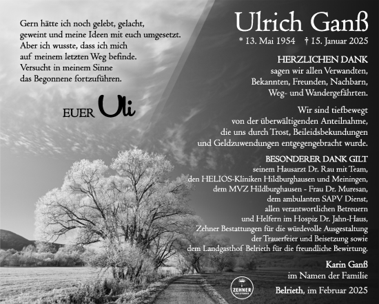 Traueranzeige von Ulrich Ganß von Südthüringer Presse