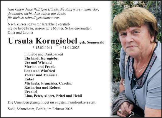 Traueranzeige von Ursula Korngiebel von Südthüringer Presse