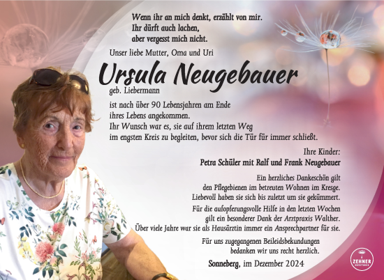 Traueranzeige von Ursula Neugebauer von Südthüringer Presse