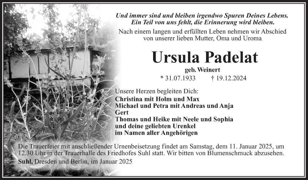  Traueranzeige für Ursula Padelat vom 04.01.2025 aus Südthüringer Presse