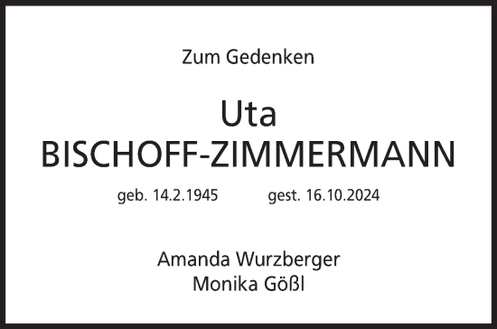 Traueranzeige von Uta Bischoff-Zimmermann von Neue Presse Coburg