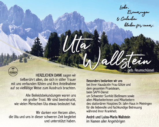Traueranzeige von Uta Wallstein von Südthüringer Presse