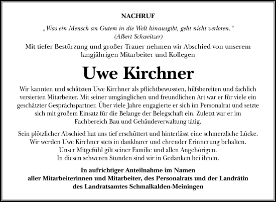 Traueranzeige von Uwe Kirchner von Südthüringer Presse