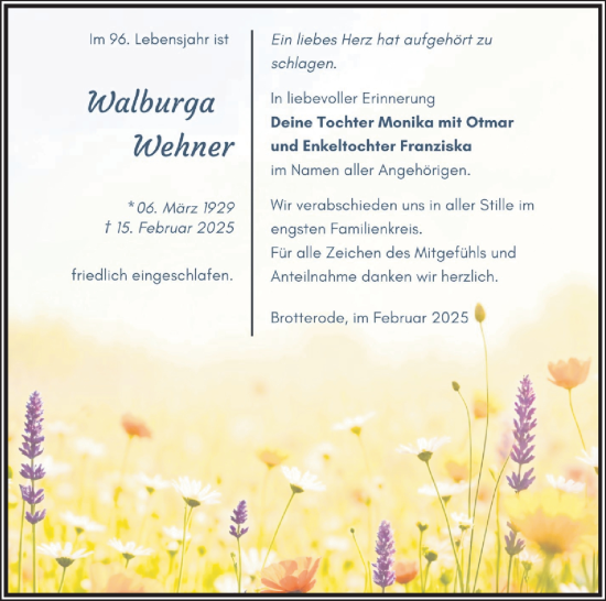 Traueranzeige von Walburga Wehner von Südthüringer Presse