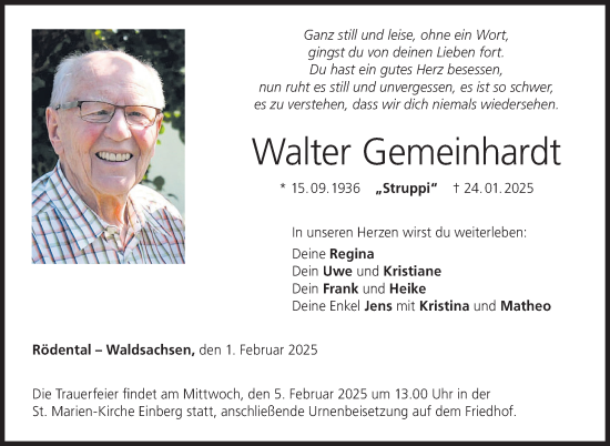 Traueranzeige von Walter Gemeinhardt von Neue Presse Coburg