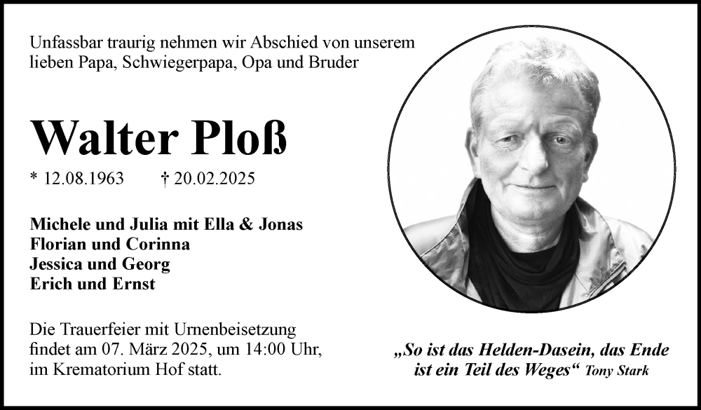  Traueranzeige für Walter Ploß vom 01.03.2025 aus Frankenpost