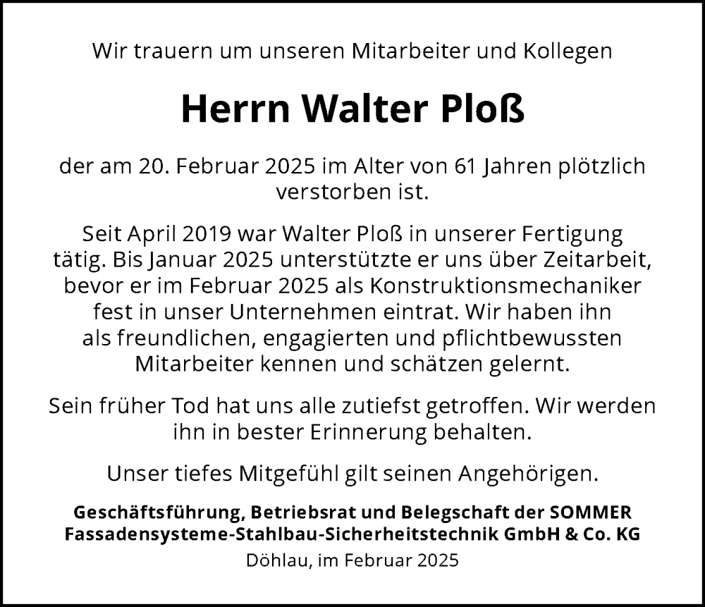  Traueranzeige für Walter Ploß vom 01.03.2025 aus Frankenpost