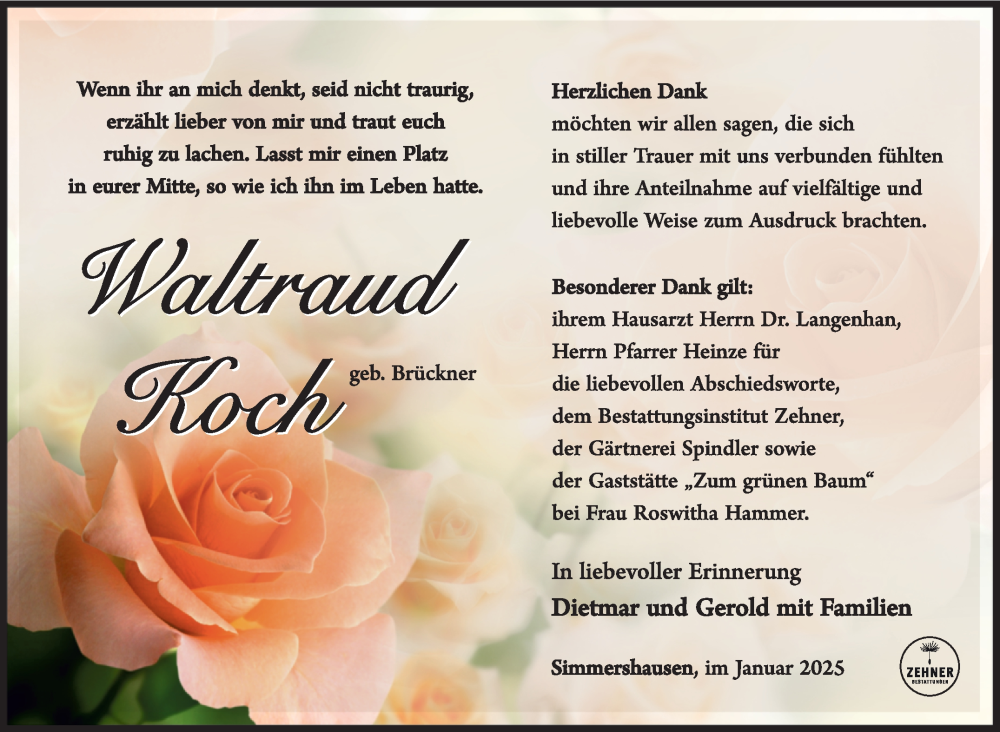  Traueranzeige für Waltraud Koch vom 01.02.2025 aus Südthüringer Presse
