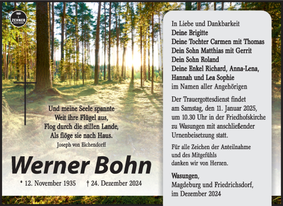 Traueranzeige von Werner Bohn von Südthüringer Presse