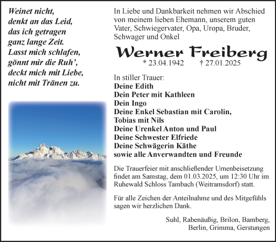 Traueranzeige von Werner Freiberg von Südthüringer Presse