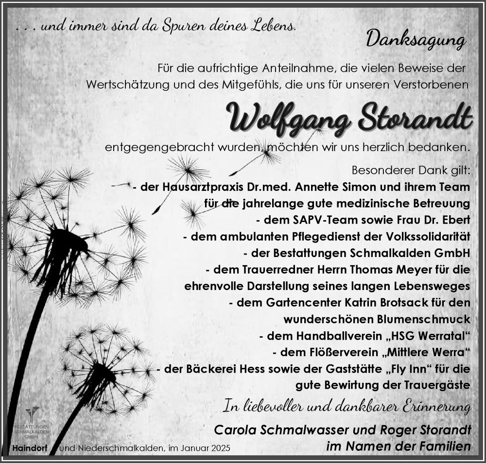  Traueranzeige für Wolfgang Storandt vom 04.01.2025 aus Südthüringer Presse