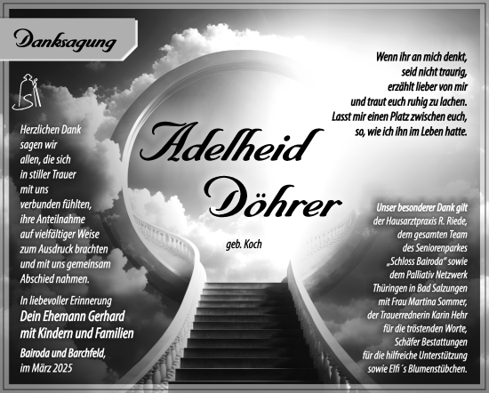 Traueranzeige von Adelheid Döhrer von Südthüringer Presse