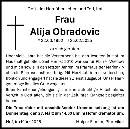 Traueranzeige von Alija Obradovic von Frankenpost