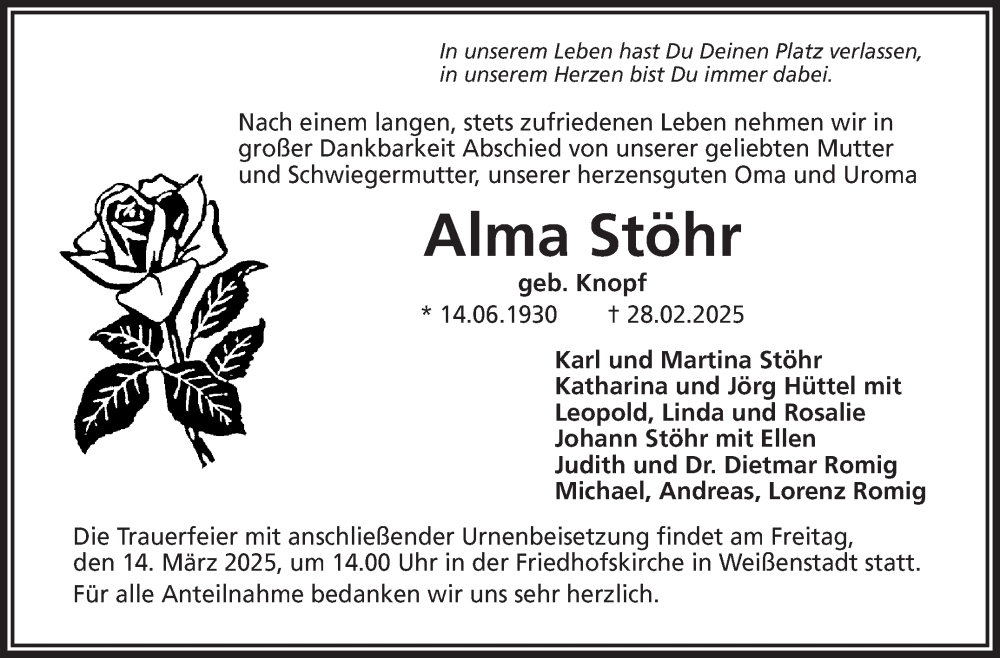  Traueranzeige für Alma Stöhr vom 08.03.2025 aus Frankenpost