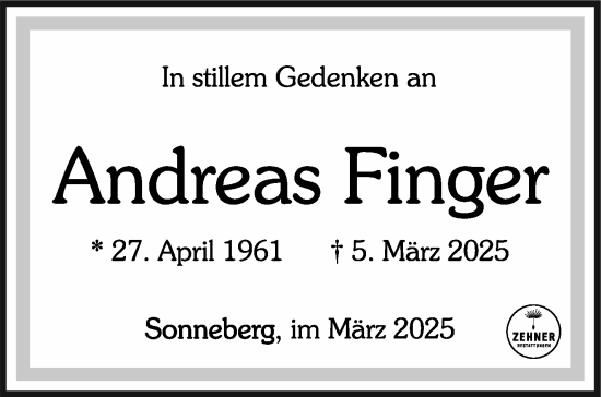 Traueranzeige von Andreas Finger von Südthüringer Presse