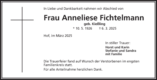 Traueranzeige von Anneliese Fichtelmann von Frankenpost