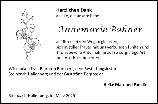 Traueranzeige von Annemarie Bahner von Südthüringer Presse