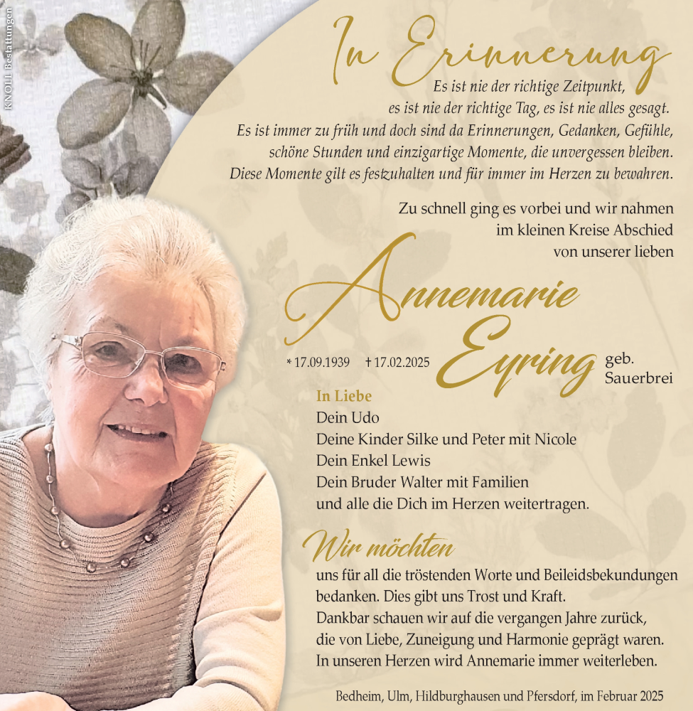  Traueranzeige für Annemarie Eyring vom 08.03.2025 aus Südthüringer Presse