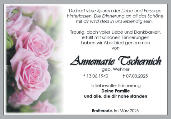 Traueranzeige von Annemarie Tschernich von Südthüringer Presse