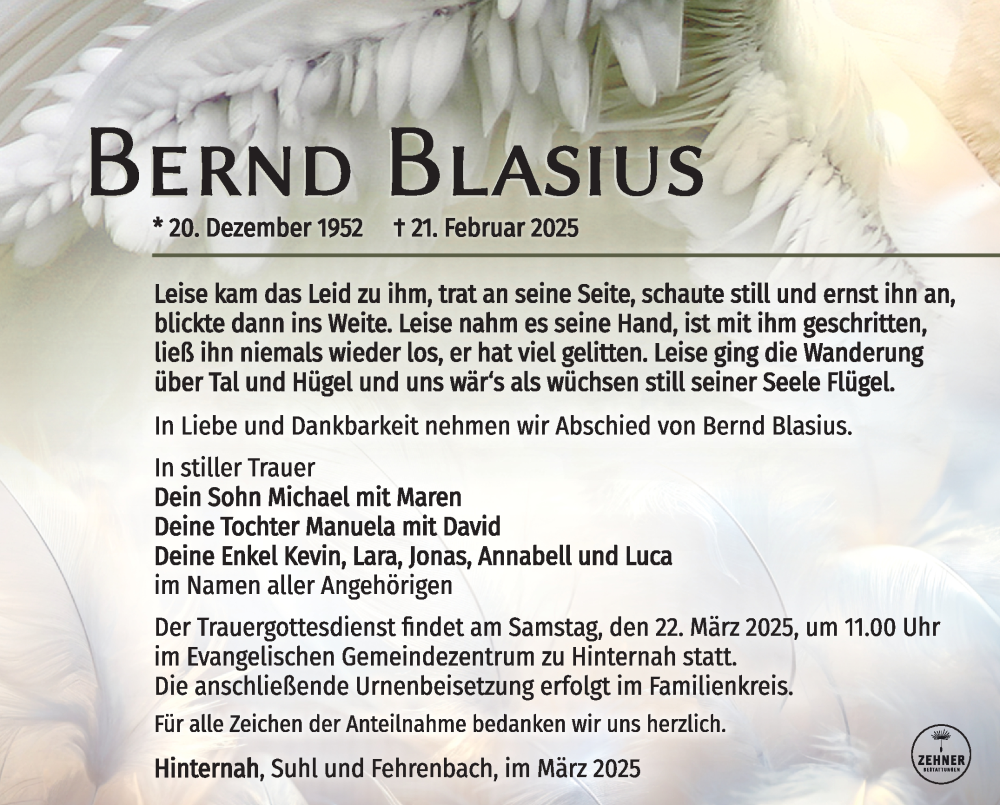  Traueranzeige für Bernd Blasius vom 14.03.2025 aus Südthüringer Presse