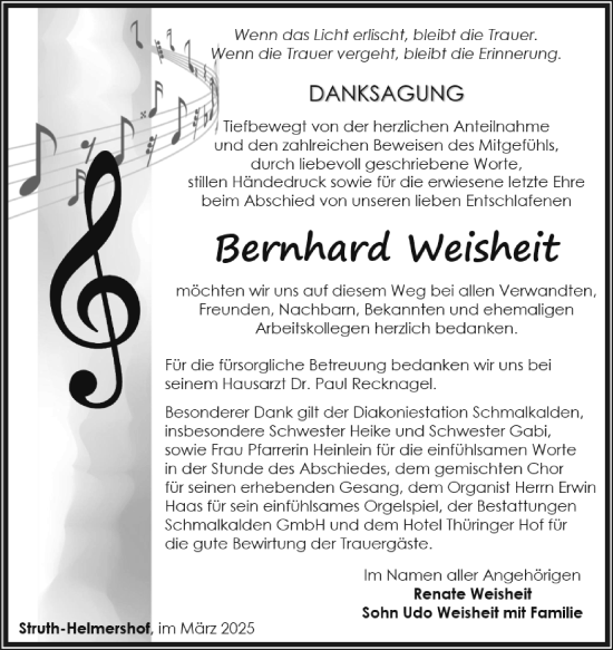 Traueranzeige von Bernhard Weisheit von Südthüringer Presse