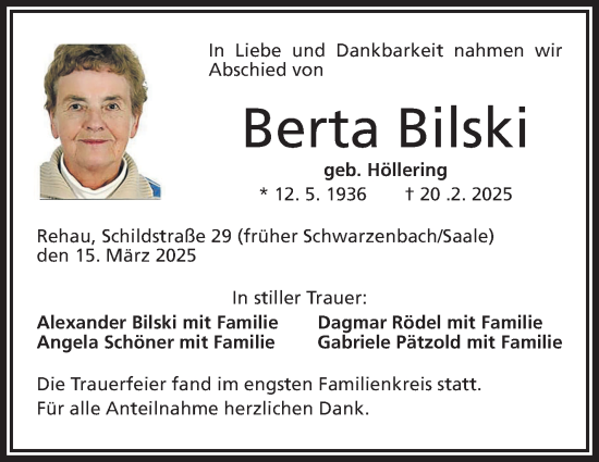 Traueranzeige von Berta Bilski von Frankenpost