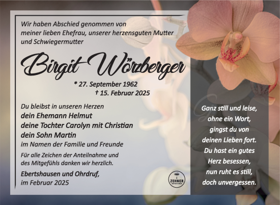 Traueranzeige von Birgit Wörzberger von Südthüringer Presse
