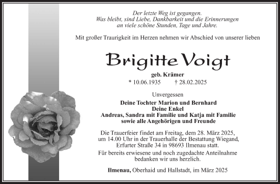 Traueranzeige von Brigitte Voigt von Südthüringer Presse