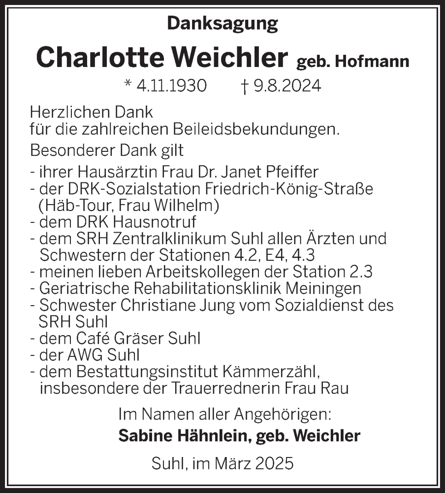  Traueranzeige für Charlotte Weichler vom 22.03.2025 aus Südthüringer Presse