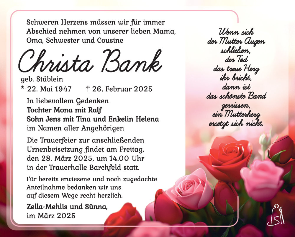  Traueranzeige für Christa Bank vom 22.03.2025 aus Südthüringer Presse