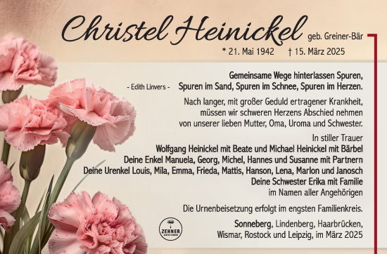 Traueranzeige von Christa Heinickel von Südthüringer Presse