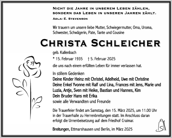 Traueranzeige von Christa Schleicher von Südthüringer Presse