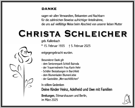 Traueranzeige von Christa Schleicher von Südthüringer Presse