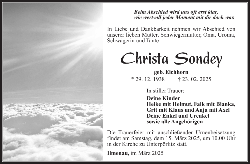  Traueranzeige für Christa Sondey vom 08.03.2025 aus Südthüringer Presse