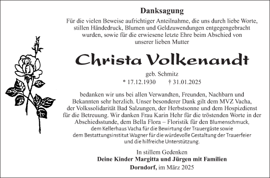 Traueranzeige von Christa Volkenandt von Südthüringer Presse