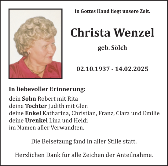 Traueranzeige von Christa Wenzel von Frankenpost