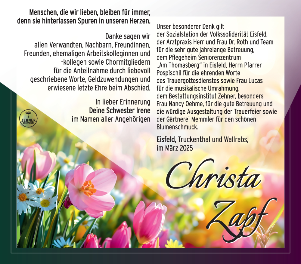  Traueranzeige für Christa Zapf vom 15.03.2025 aus Südthüringer Presse