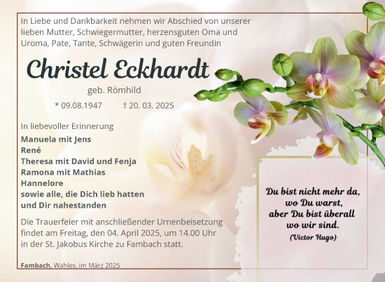 Traueranzeige von Christel Eckhardt von Südthüringer Presse