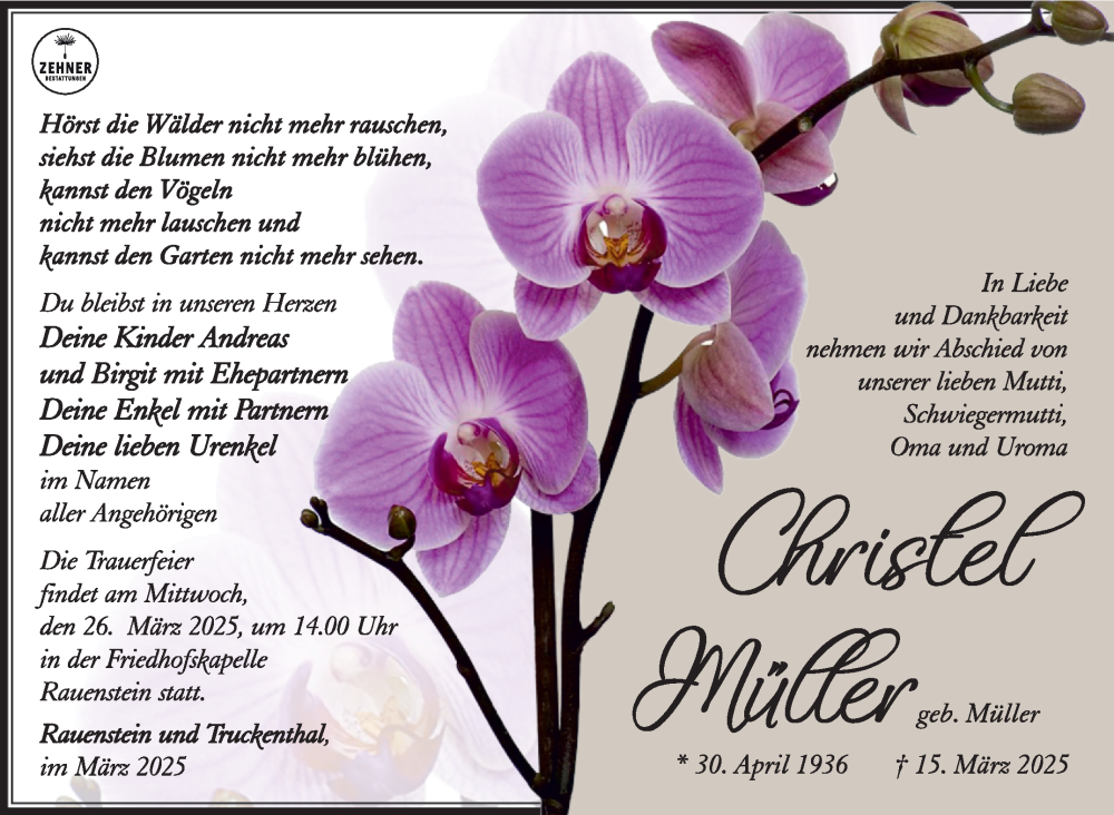  Traueranzeige für Christel Müller vom 22.03.2025 aus Südthüringer Presse