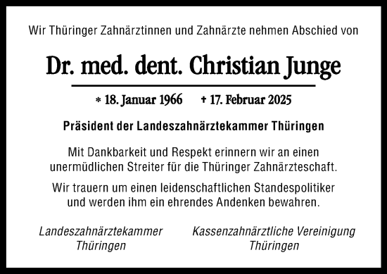 Traueranzeige von Christian Junge von Südthüringer Presse