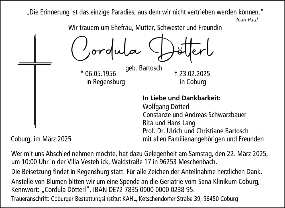 Traueranzeige für Cordula Dötterl vom 15.03.2025 aus Neue Presse Coburg