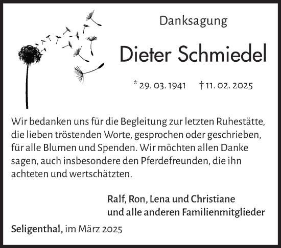 Traueranzeige von Dieter Schmiedel von Südthüringer Presse
