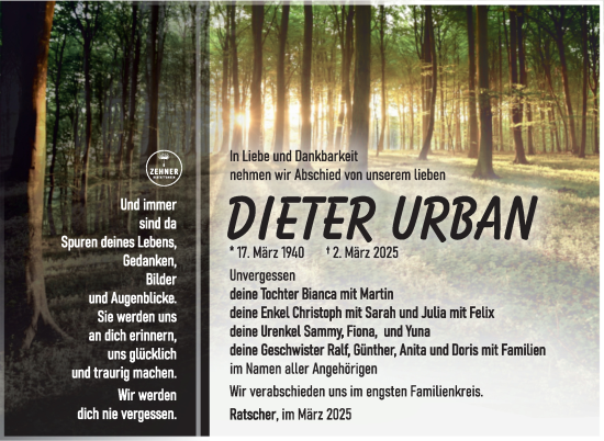 Traueranzeige von Dieter Urban von Südthüringer Presse
